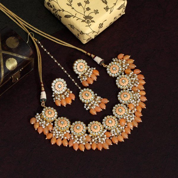 Peach Color Kundan Meenakari Necklace Set-0