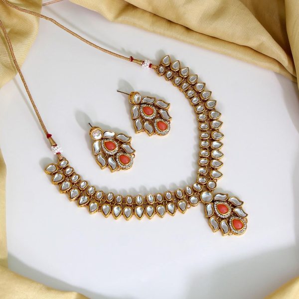 Peach Color Kundan Necklace Set-0