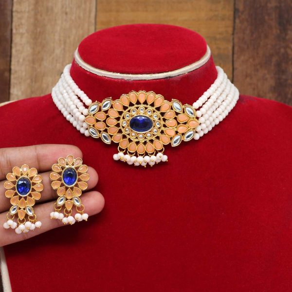 Peach Color Kundan Necklace Set-0