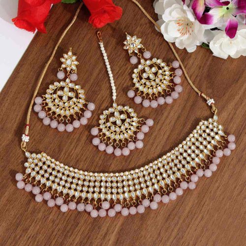 Peach Color Kundan Necklace Set