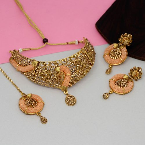 Peach Color Kundan Polki Necklace Set