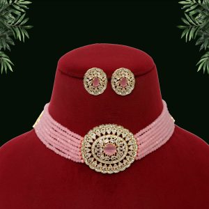 Pink Color American Diamond Choker Necklace Set-0