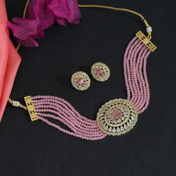 Pink Color American Diamond Choker Necklace Set-12419
