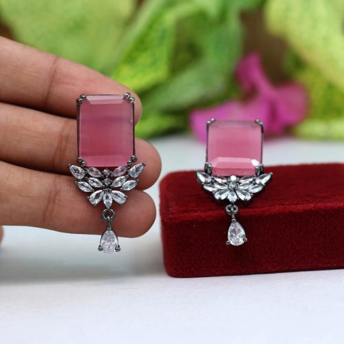 Pink Color American Diamond Earrings