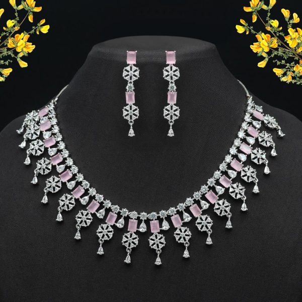 Pink Color American Diamond Necklaces Set-0
