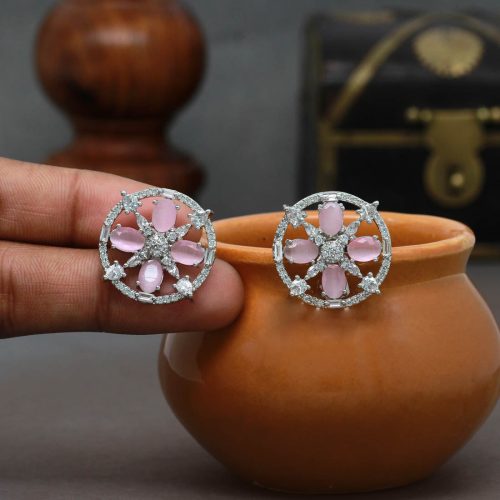 Pink Color American Diamond Openable Stud Earrings