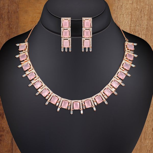 Pink Color American Diamond Rose Gold Brass Necklaces Set-10363