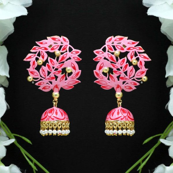 Pink Color Beads Meenakari Earrings-0