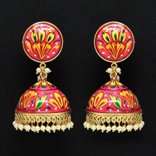 Pink Color Beads Meenakari Earrings-0