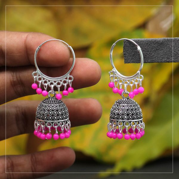 Pink Color Beads Oxidised Earrings-0