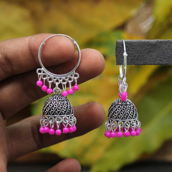 Pink Color Beads Oxidised Earrings-0