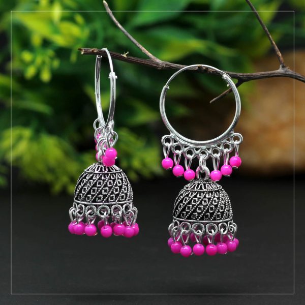 Pink Color Beads Oxidised Earrings-15963