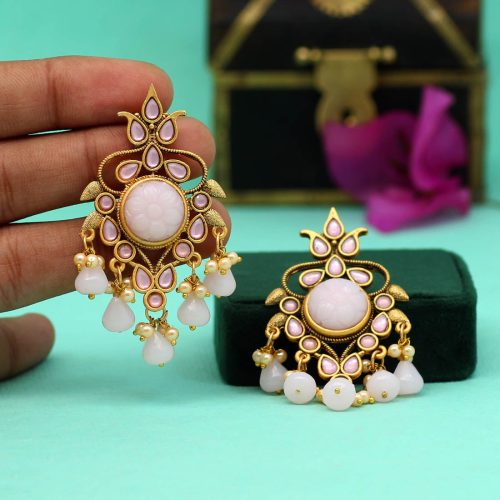 Pink Color Carving Stone Antique Earrings