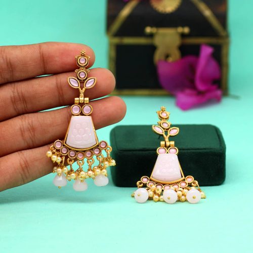 Pink Color Carving Stone Antique Earrings