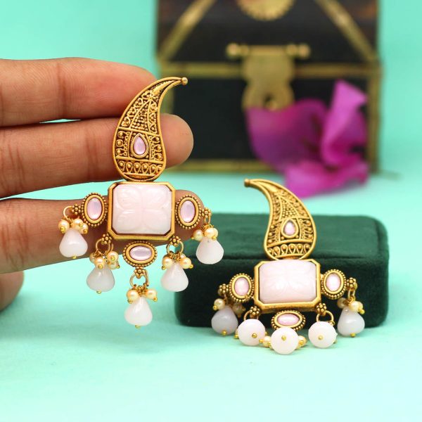 Pink Color Carving Stone Antique Earrings-14520