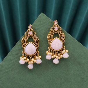 Pink Color Carving Stone Antique Earrings-0