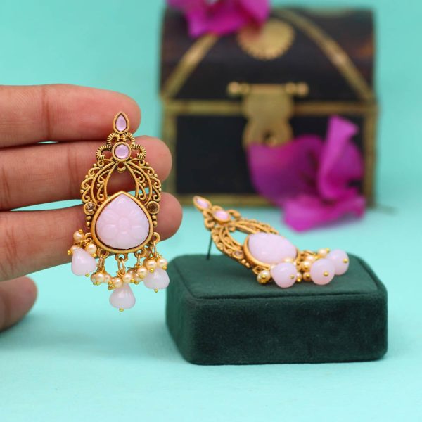 Pink Color Carving Stone Antique Earrings-14053