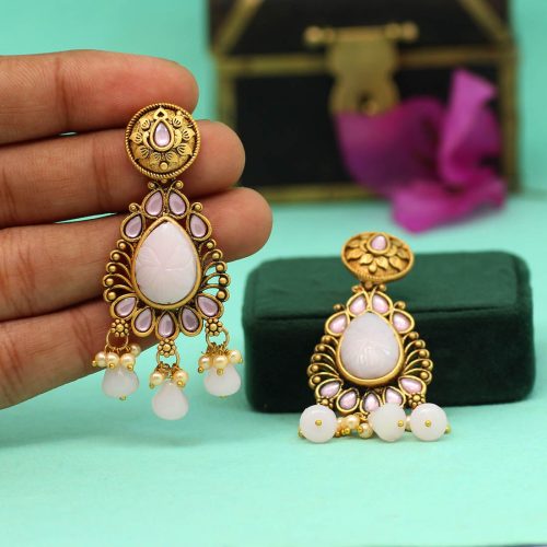 Pink Color Carving Stone Antique Earrings