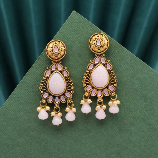 Pink Color Carving Stone Antique Earrings-14075