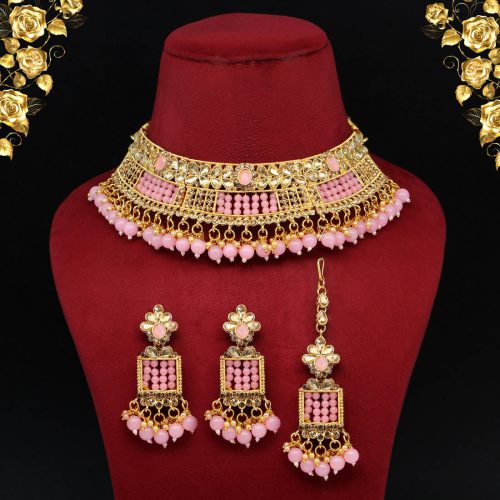 Pink Color Choker Kundan Polki Necklace Set