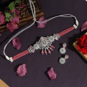 Pink Color Choker Premium American Diamond Necklace Set-0
