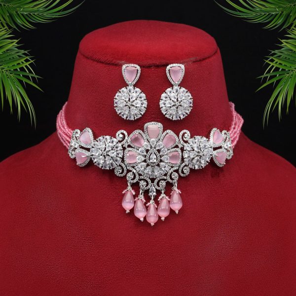 Pink Color Choker Premium American Diamond Necklace Set-4705