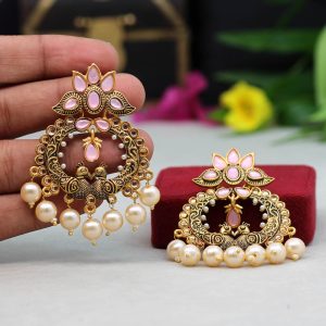 Pink Color Colorful Kundan Antique Earrings-0