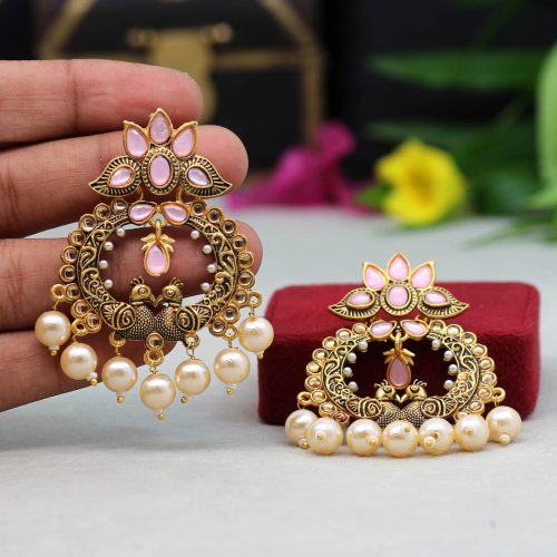 Pink Color Colorful Kundan Antique Earrings