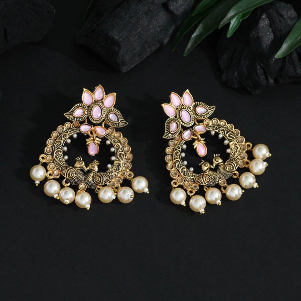 Pink Color Colorful Kundan Antique Earrings-12282