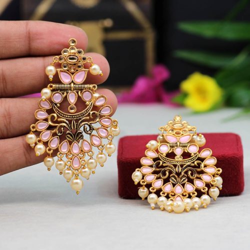 Pink Color Colorful Kundan Antique Earrings