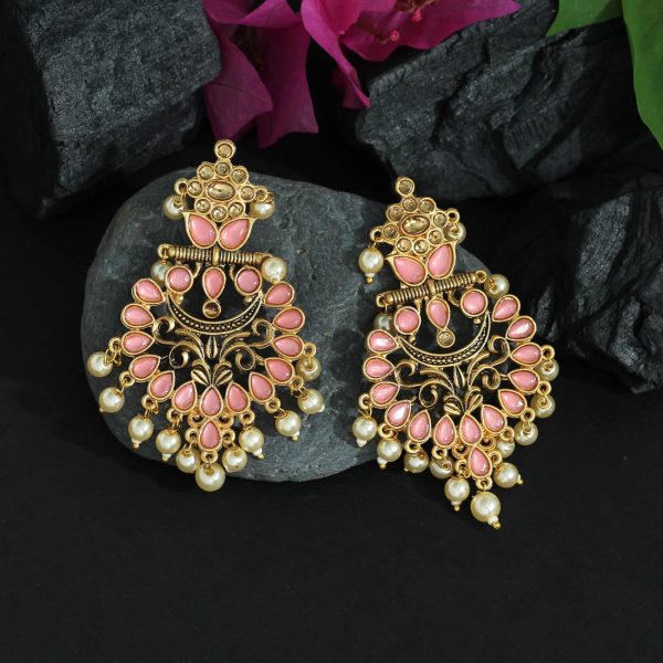 Pink Color Colorful Kundan Antique Earrings-12290