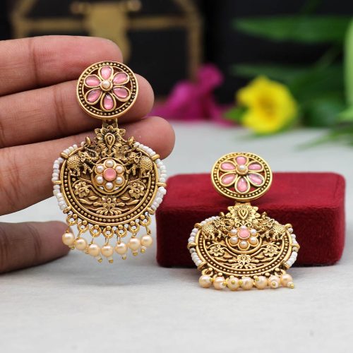 Pink Color Colorful Kundan Antique Earrings