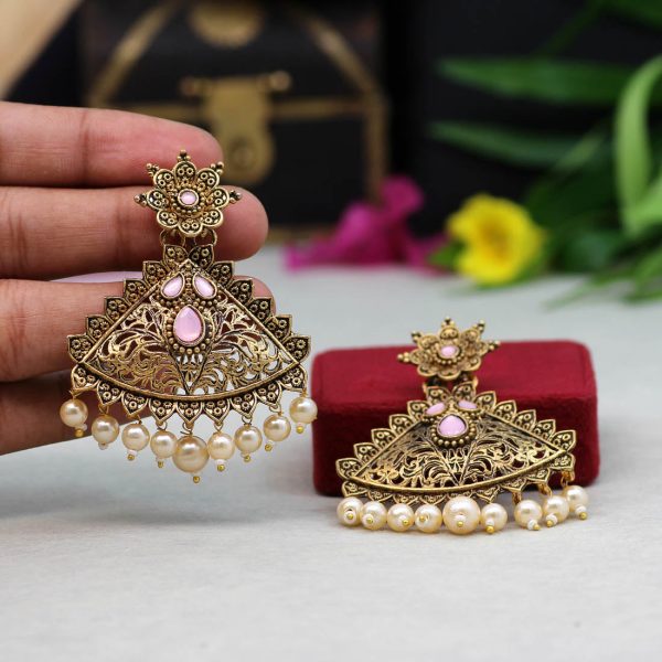 Pink Color Colorful Kundan Antique Earrings-14562