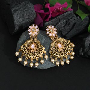 Pink Color Colorful Kundan Antique Earrings-0