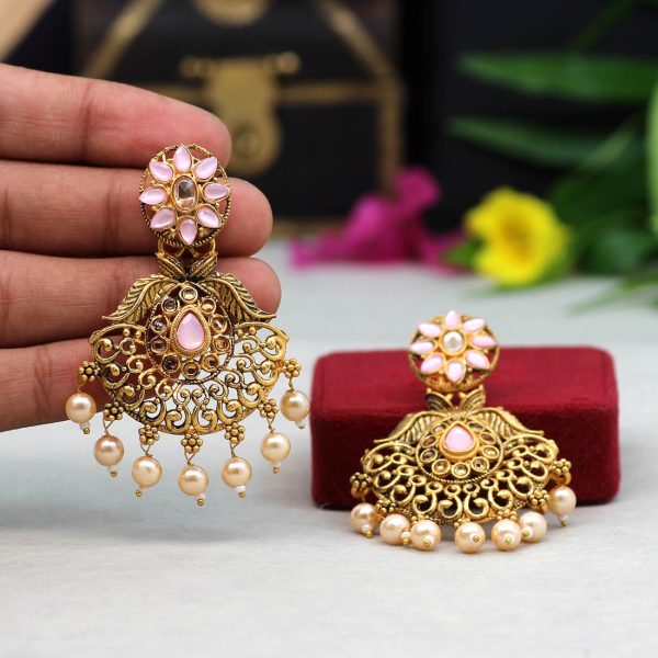 Pink Color Colorful Kundan Antique Earrings-14590