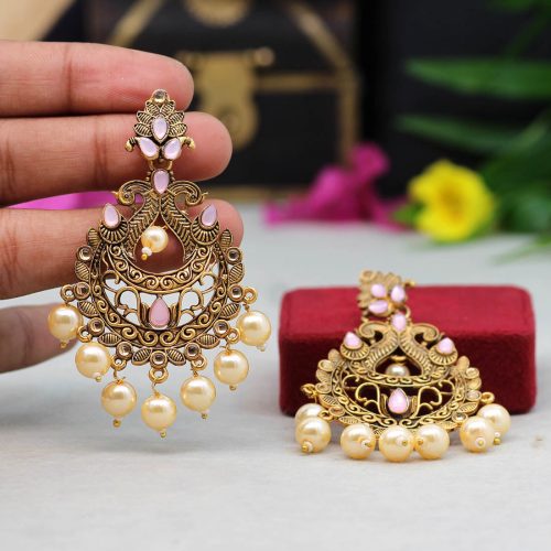 Pink Color Colorful Kundan Antique Earrings