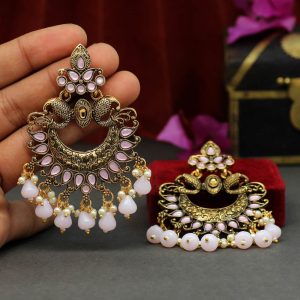 Pink Color Colorful Kundan Antique Earrings-0