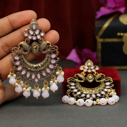 Pink Color Colorful Kundan Antique Earrings