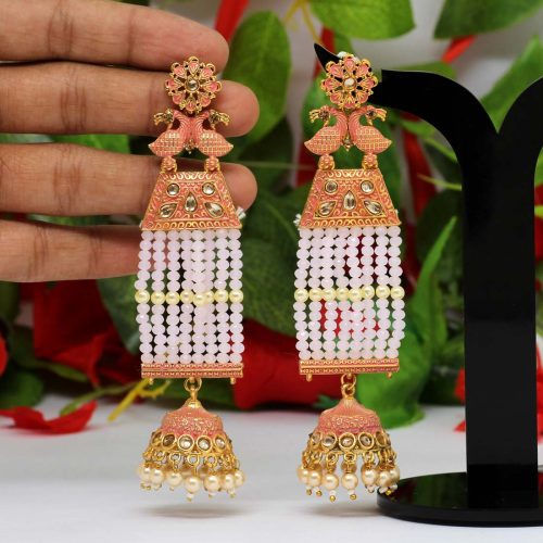 Pink Color Glass Stone Mint Meena Long Earrings