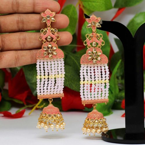 Pink Color Glass Stone Mint Meena Long Earrings