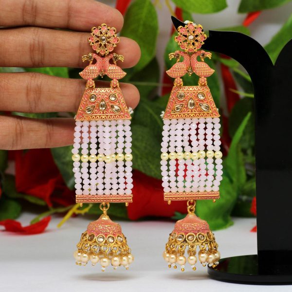 Pink Color Glass Stone Mint Meena Long Earrings-0