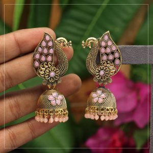 Pink Color Glass Stone Oxidised Earrings-0