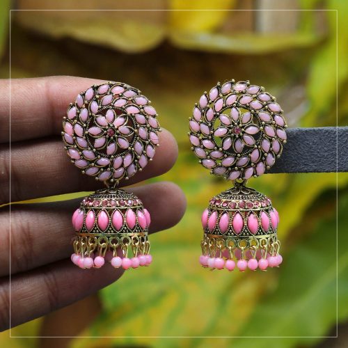 Pink Color Glass Stone Oxidised Earrings