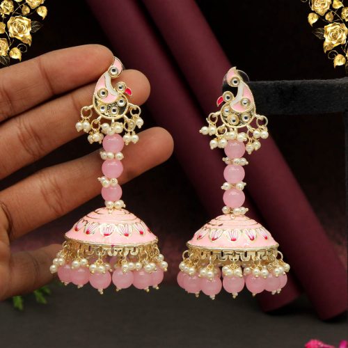 Pink Color Hand Painted Kundan Meenakari Earrings