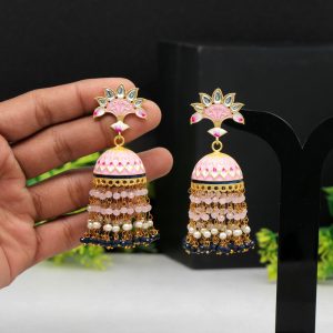Pink Color Hand Painted Meenakari Earrings-0