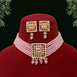 Pink Color Kundan Choker Necklace Set-0