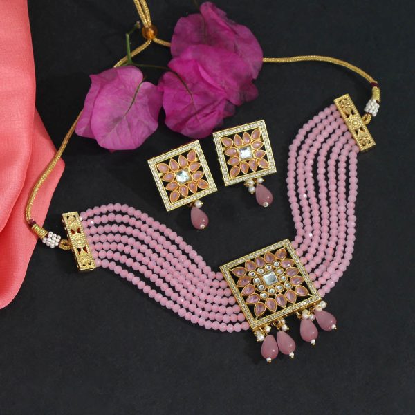 Pink Color Kundan Choker Necklace Set-12427