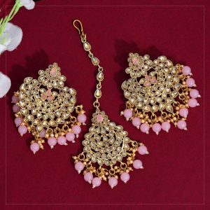 Pink Color Kundan Earrings With Maang Tikka-0