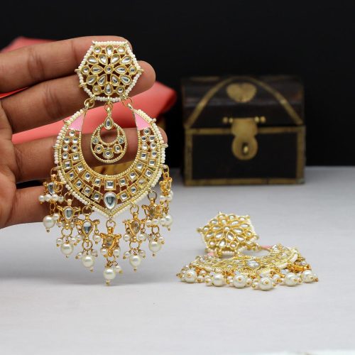 Pink Color Kundan Meena Earrings