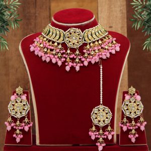 Pink Color Kundan Meena Necklace Set-0
